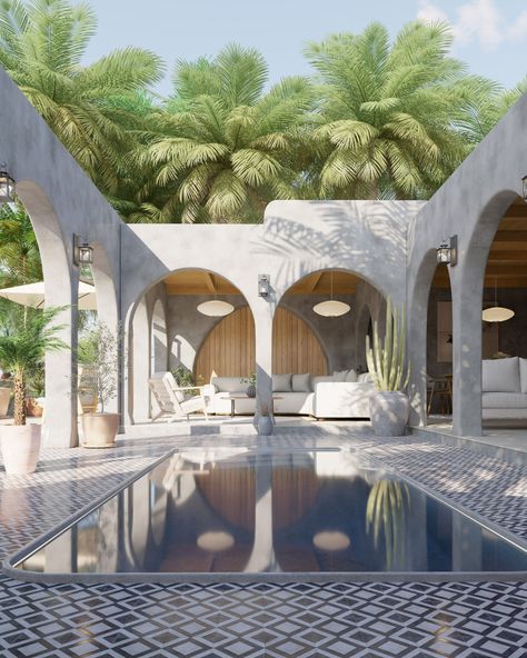 ArtStation - Mediterranean Oasis Modern Mediterranean Pool Design, Mediterranean Resort, Oasis Architecture, Mediterranean Bar, Greek Inspired Home, Minimal Architecture House, Mediterranean Villa Design, Mediterranean Hotel, Pool Design Plans