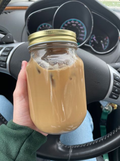 Iced coffee in a jar is the best idea Coffee In A Mason Jar, Mason Jar Coffee Aesthetic, Coffee In Mason Jar, Mason Jar Coffee, Coffee Mason Jar, Coffee Jar, Coffee Aesthetics, Coffee On The Go, Big Jar