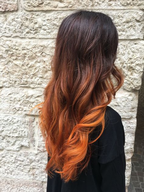 Black Ginger Ombre Hair, Brown And Orange Ombre Hair, Black Ginger Balayage, Copper Orange Highlights On Brown Hair, Dark Brown To Orange Ombre, Dark Orange Balayage, Brown To Copper Ombre Hair, Copper Dip Dye Hair, Red Orange And Black Hair