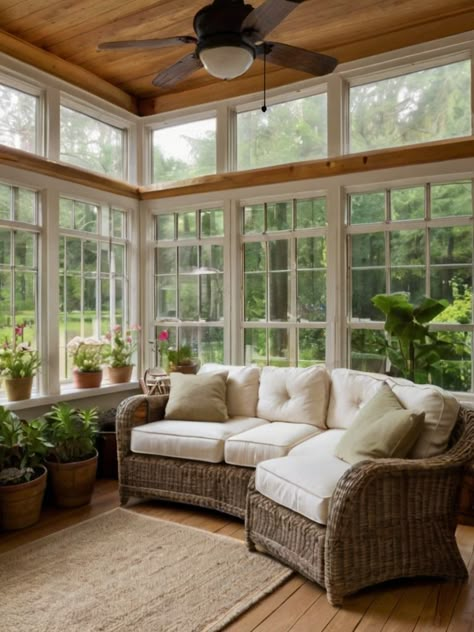 Farmhouse Solarium, Small Screened In Porch Decorating Ideas Cozy, Florida Room Ideas Sunrooms, Addition To Ranch House, Front Porch Sunroom, Three Seasons Room, Cozy Sunroom Ideas, Small Sunroom Ideas, Porch To Sunroom