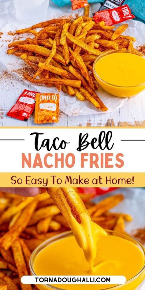 taco bell nacho fries Nacho Fries Recipe, Taco Bell Nacho Fries, Homemade Nacho Cheese, Homemade Nacho Cheese Sauce, Taco Bell Copycat, Fries At Home, Nacho Fries, Taco Bell Recipes, Homemade Nachos