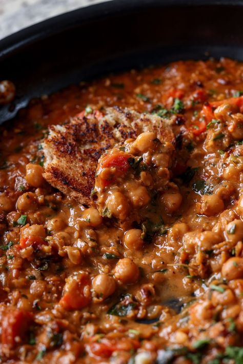 This protein packed Red Lentil chickpea stew with Italian herbs and sun-dried tomato is a super easy, one-pan, meal that is so satisfying and flavorful! A great weeknight meal with garlic bread or sourdough to dip, or serve it over pasta, baked potato, or roasted vegetables. Lentil Chickpea Stew, Tomato Lentil Soup, Quick Soup, Lentil Dishes, Instant Pot Cookbook, Vegan Stew, Italian Herbs, Fall Soup, Protein Packed Meals