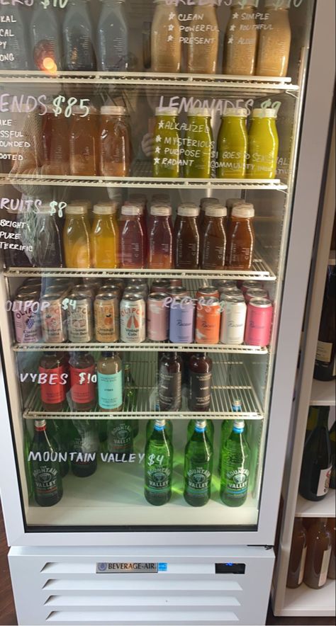 Fridge Aesthetic Drinks, Office Fridge Ideas, Juice Shop Aesthetic, Drink Fridge Aesthetic, Smoothie Shop Interior, Coffee Shop Fridge, Juice Shop Ideas, Juice Bar Aesthetic, Smoothie Shop Aesthetic