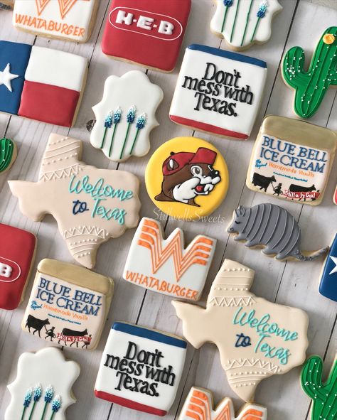 Texas Themed Christmas Party, Texas Themed Cookies Decorated, Texas Royal Icing Cookies, Texas Decorated Cookies, Texas Theme Party Ideas, Texas Themed Cookies, Texas Birthday Cake, Cloud 9 Cookies Decorated, Moving To Texas Party