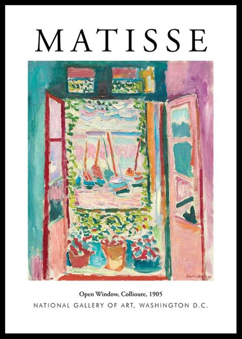 Poster mit dem Gemälde "Open Window Collioure", gemalt von dem französischen Künstler Henri Matisse im Jahr 1905. Henri Matisse war ein französischer Künstler, der die farbenfrohe Kunst des 20. Jahrhunderts anführte. Er war einer der führenden Köpfe der Vorläufer der Farbfeldmalerei und der Vorläufer der modernistischen Kunst. Matisse spezialisierte sich auf Ölgemälde, Skulpturen, Zeichnungen, Collagen und Keramik. Seine Kunst drückt oft farbenfrohe Motive wie Gemälde von Stillleben, Landschafte Gustav Klimt, Vintage Foto's, Arte Indie, Henri Rousseau, Photo D Art, Vintage Canvas, Open Window, Landscape Walls, Landscape Wall Art