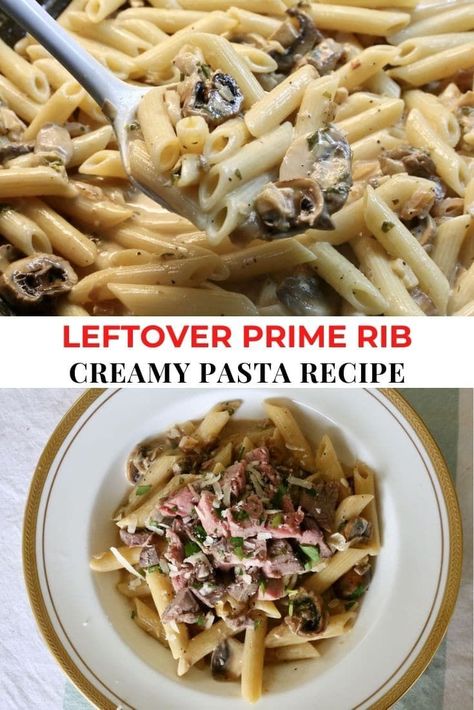 Learn how to make the best homemade Prime Rib Pasta. Our quick & easy Italian recipe features al dente penne noodles, velvety shallot and mushroom cream sauce, leftover roast beef, parsley and parmesan cheese. This is one of our favourite ways to use leftover roast beef, transforming leftovers into a delicious new meal that the kids and whole family will love! Prime Rib Pasta Recipe, Prime Rib Leftover Recipes, Prime Rib Pasta, Leftover Prime Rib Recipes, Leftover Prime Rib, Penne Noodles, Leftover Pot Roast, Penne Pasta Recipes, Beef Pasta Recipes