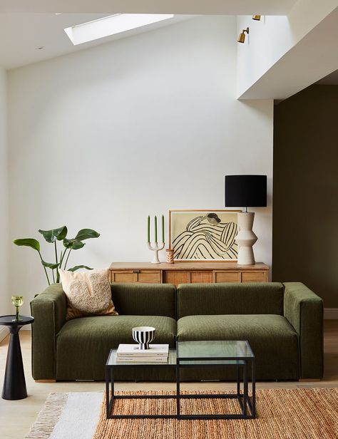 Cool Modern Furniture, Green Sofa Lounge, Small Modern Living Room Ideas Interior Design, Green Corner Sofa Living Room, Coloured Sofa Living Room, Grey Sofa Aesthetic, Green Sofa Uk, Forest Green Sofa Living Room Ideas, Modern Scandinavian Interior Living Rooms