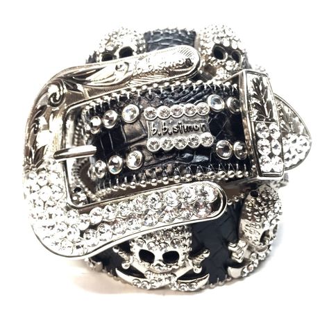 B.B. Simon "Skull Row" Swarovski Crystal Belt Bb Simon Belts, Skull Belt, Generator Accessories, Bling Belts, Accessory Inspo, Bling Jeans, Crystal Belt, Black Fishnets, Black Belt