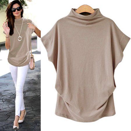 Product Description: This fashion blouse features a turtleneck, short sleeve. Elegance and simplicity is the focus on design, is a casual wear wild single items. Lightweight and non-elastic fabric. Loose fit silhouette. Size: XL.  Color: Beige.  Gender: female.  Age Group: adult.  Pattern: solid. Grey Shirts Women, Casual Turtleneck, Women Turtleneck, Look Plus Size, Womens Turtleneck, Modieuze Outfits, Plus Size Kleidung, Top T Shirt, Loose Tops