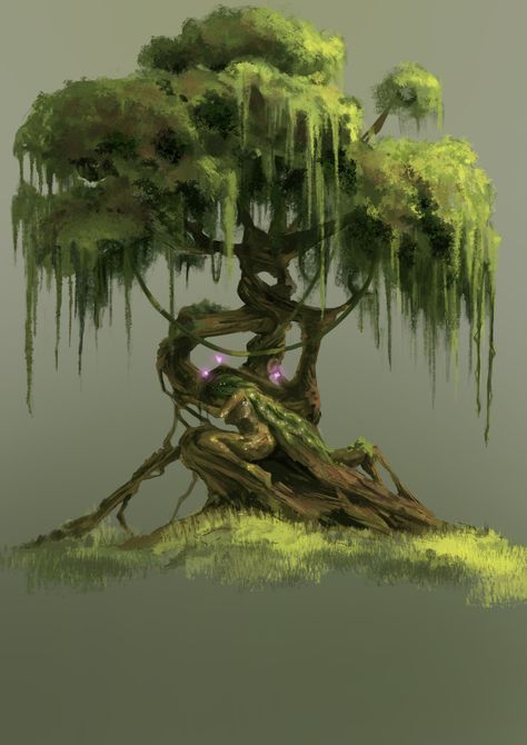 Tree Tower Fantasy Art, Tree Fantasy Drawing, Magical Tree Concept Art, Cursed Tree Fantasy Art, Trees That Look Like People, Mythical Tree Art, Mythical Tree Drawing, Fantasy Trees Concept Art, Ancient Tree Fantasy Art