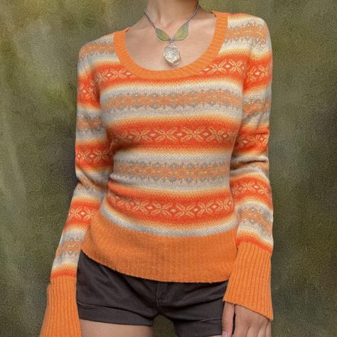 Cozy Striped Chunky Sweater 🍄  ⚔️ snowflakes,... - Depop Orange Sweater Aesthetic, Funky Sweaters, Little Top Big Pants, 80's Clothes, Thrift Ideas, Sweater Aesthetic, Orange Sweater, Outfit Cute, Mermaid Dreams