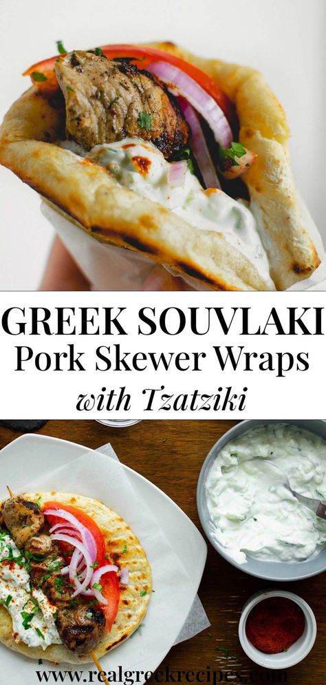 Pork Souvlaki Pita, Pork Pita Recipes, Greek Pita Wraps, Pork Gyros Recipe, Souvlaki Wrap, Souvlaki Pita, Greek Meat Recipes, Souvlaki Skewers, Greek Meat