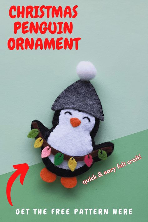 Make this cute penguin craft for christmas. You'll love this adorable and easy felt Christmas ornament! This penguin ornament is perfect for Christmas gifts! Felt Christmas Ornaments Penguin, Free Felt Christmas Decoration Patterns, Felt Penguin Pattern Free, Diy Penguin Ornaments Christmas, Fabric Crafts Christmas, Kids Felt Ornaments, Diy Felt Ornaments Patterns, Christmas Felt Crafts Diy, Easy Felt Ornaments Diy