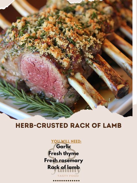 Elevate your dinner with this tender Herb-Crusted Rack of Lamb! 🐑🌿 A perfect dish for special occasions! 😋🍷" Herb-Crusted Rack of Lamb Ingredients: Rack of lamb (1, about 8 ribs) Fresh rosemary (2 tbsp, chopped) Fresh thyme (2 tbsp, chopped) Garlic (3 cloves, minced) Dijon mustard (2 tbsp) Olive oil (2 tbsp) Breadcrumbs (½ cup) Salt (to taste) Black pepper (to taste) Instructions: Preheat oven to 400°F (200°C). Season lamb with salt and pepper. In a bowl, mix rosemary, thyme, garlic, must... Rack Of Lamb Recipes, Lamb Recipes Oven, Lamb Rack Recipe, Lamb Rack, Roast Rack Of Lamb, Crusted Rack Of Lamb, Lamb Dinner, Cozy Fall Recipes, Lamb Chop Recipes