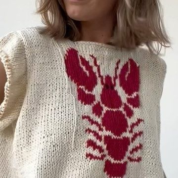 Lobster Knit Sweater, Lobster Knitting Chart, Lobster Knitting Pattern, Knit Jumper Pattern, Lobster Sweater, Knit Embroidery, Intarsia Knitting, Hand Knitted Jumpers, Crochet Jumper