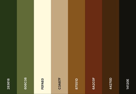 Color Swatches Earth Tones, Green And Brown Palette Colour Schemes, Forest Green Palette Color, Dark Green Rust Color Palette, Black Green Colour Palette, Brown Green Beige Color Scheme, Browns And Green Color Palette, Earthtone Pallete Color, Sage Green Brown Color Palette