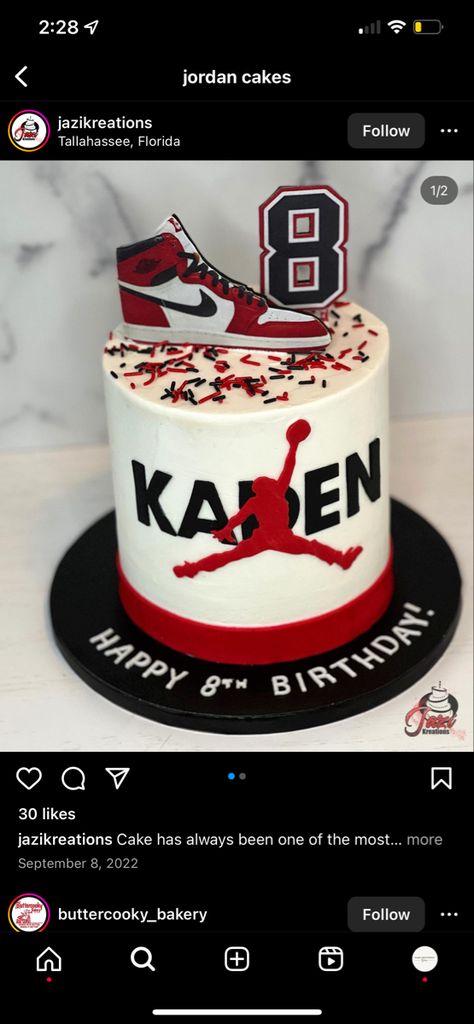 Jordan Decorations Birthday Parties, Sneaker Cake Ideas Air Jordans, Nike Jordan Cake Birthday, Jordan 1 Birthday Cake, Michael Jordan Birthday Cake, Jordans Birthday Theme, Nike Themed Cake, Cake For 12 Year Boy, Jordan Year Birthday Cake