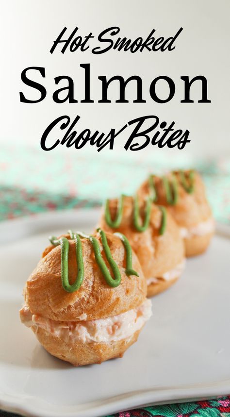 Airy and light, choux buns can be stuffed with either sweet or savory fillings. My hot smoked salmon choux bites have a rich, flavorful filling that perfectly complements the fluffy buns. Serve these at your next gathering and watch them disappear. Savory Cream Puffs Filling, Savory Choux Filling, Savory Choux Pastry, Fancy Snacks, Puff Pastry Snacks, Hot Smoked Salmon, Choux Buns, Pastry Appetizer, Bite Size Food