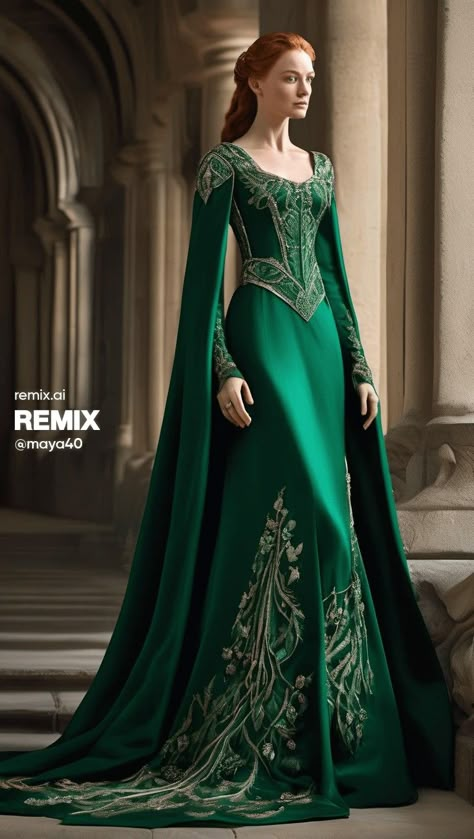 Green Dress Royal, Green And Silver Dress, Fantasy Gowns Green, Royal Dresses Princesses Vintage, Green Midevil Dresses, Emerald Green Victorian Dress, Medieval Green Dress, Green Fantasy Gown, Green Royal Dress