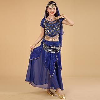 Buy 'ZECA – Belly Dance Set: Headpiece + Beaded Top + Beaded Long Skirt + Necklace' with Free International Shipping at YesStyle.com. Browse and shop for thousands of Asian fashion items from China and more! Wbff Theme Wear, Indian Dance Costumes, Halloween Costume Suit, Big Skirts, Dance Shorts, Belly Dance Costume, Indian Dance, Chiffon Long Sleeve, Sleeves Top