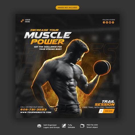 Pamplet Design, Gym Instruments, Gym Graphics, Supplement Design, Fitness Social Media, Gym Banner, Gym Poster, Muscle Power, Fitness Design