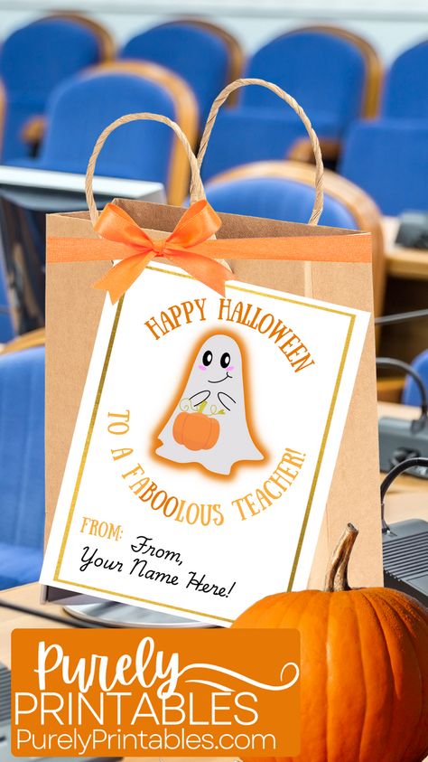 Teacher Halloween tags are FREE and instantly download! They say "Happy Halloween to a FaBOOlous Teacher" and feature a cute ghost holding an orange pumpkin. Perfect for non-food Halloween or non-candy Halloween ideas or fill it with candy or visit our website for other great Halloween ideas for teacher gifts or teacher appreciation! Free Halloween printables for educators can be an easy DIY class gift or great from one student. #PurelyPrintables #TeacherHalloweenTags #ClassHalloweenGift Free Halloween Teacher Printables, Faboolous Halloween Printable, Halloween Teacher Gift Tags Printable Free, Halloween Gift Ideas For Students, Halloween Teacher Gifts Free Printable, Free Halloween Gift Tag Printables, Diy Halloween Teacher Gifts, Halloween Teacher Appreciation Ideas, Halloween Teacher Gifts Ideas