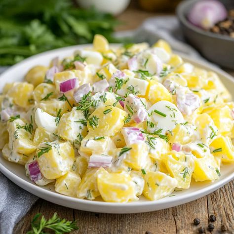 Potato Salad Delicious Potato Salad, Mustard Pickles, Creamy Potato Salad, Seasoned Potatoes, Lemon Sugar Cookies, Potato Skin, Lemon Sugar, White Potatoes, Pickled Red Onions