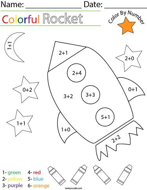 Addition- Color by Number Rocket Math Worksheet - Twisty Noodle Rocket Math, Addition Coloring Worksheet, Space Activities For Kids, Math Coloring Worksheets, Math Addition Worksheets, Twisty Noodle, Math Multiplication, Addition Worksheets, Math Coloring