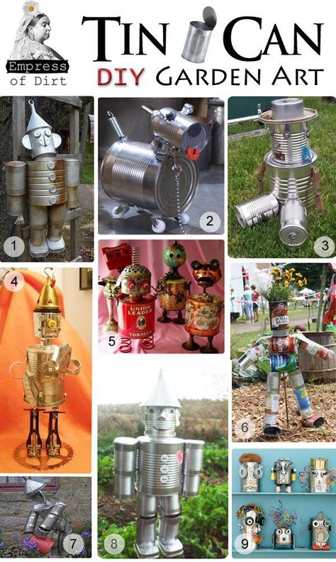 Tin Can Diy, Tin Can Man, Tin Can Art, Aluminum Can Crafts, Tin Can Crafts, Outdoor Crafts, Tin Man, Metal Garden Art, Can Diy