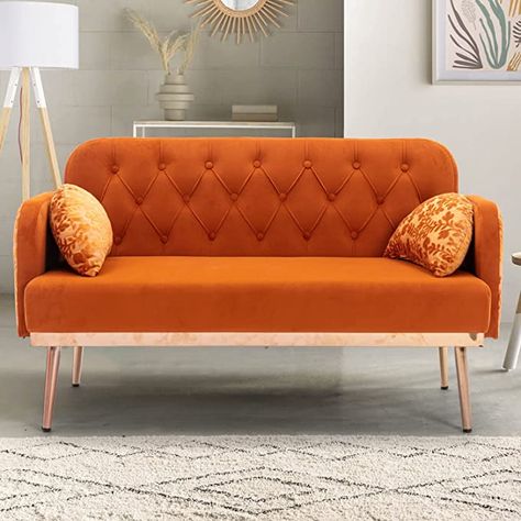 Small Velvet Sofa, Small Loveseat, Orange Couch, Shaped Pillows, Velvet Tufted Sofa, Accent Sofa, Small Couch, Farmhouse Dining Chairs, Velvet Loveseat