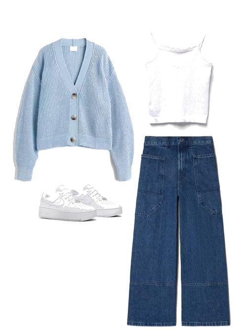 Blue Crop Jacket Outfit, Blue Aesthetic Outfit Ideas, Outfits In Blue, Cardigan Outfit Ideas Aesthetic, Outfits With Cardigans Aesthetic, Light Cardigan Outfit, Blue Cardigan Outfit Winter, Blue And White Cardigan Outfit, How To Style Blue Cardigan