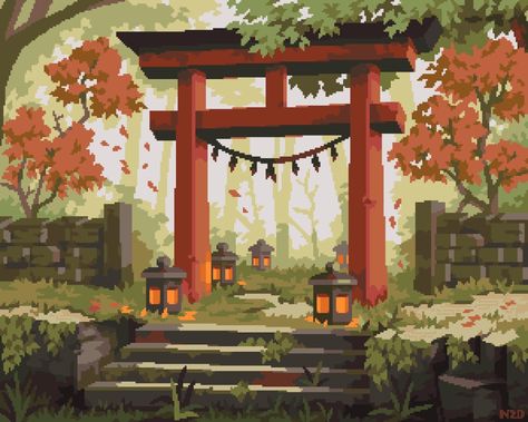 Forest Shrine Art, Shrines Art, Japanese Forest, Indie Game Art, Japanese Shrine, Japan Painting, Pixel Art Characters, Background Drawing, Pixel Art Design