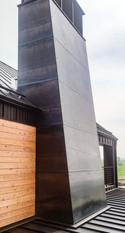 Weathered Black Steel Chimney - Brandner Design Chimney Toppers, Exterior Chimney, Modern Ski House, Metal Chimney, Chimney Ideas, Base Housing, Hot Rolled Steel, Steel Siding, Holly House