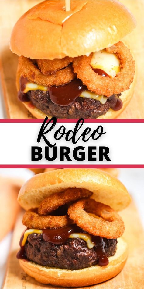 Rodeo Burger is one of the best best juicy burger recipes that you will ever enjoy. It takes flavor to a whole new level. Rodeo Burger Recipe, Burger Special Ideas, Crazy Burger Recipes, Western Burgers Recipes, Fun Burger Ideas, Fun Burger Recipes, Fancy Burger Recipes, Hamburger Recipes Burgers, Burger King Copycat