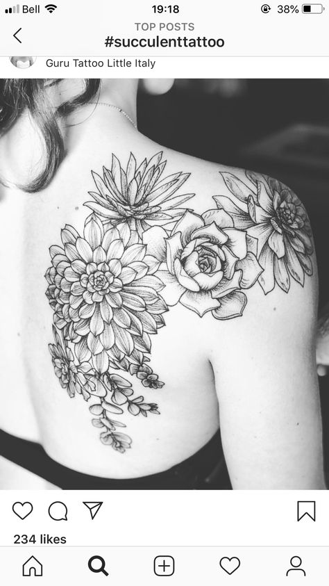 Black And Grey Succulent Tattoo, Black And White Succulent Tattoo, Succulent Sleeve Tattoos For Women, Succulent And Flower Tattoo, Succulent Shoulder Tattoo, Succulent Sleeve Tattoo, Black Floral Tattoo, Cactus Flower Tattoo, Succulent Tattoos