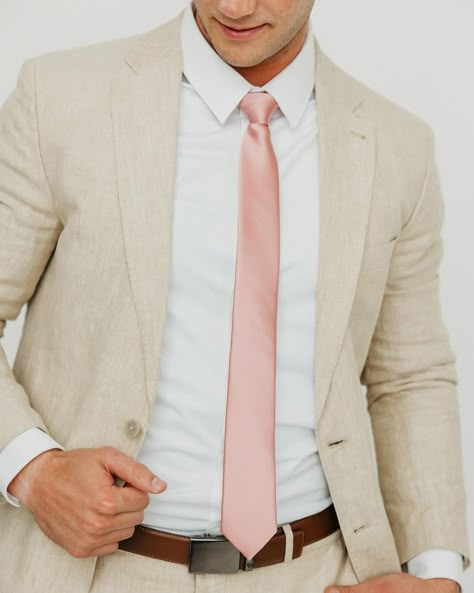 Our 🆕 Mauve Satin Tie is a show stopper! #DAZI #daziusa #groom #groomsmen #2024wedding #springfashion #springwedding #summerwedding Beige Suit Pink Tie, Tan Suit Pink Tie, Pastel Groomsmen Attire, Blush Groomsmen Attire, Pastel Groomsmen, Suit And Tie Aesthetic, Pink Tie Wedding, Garden Party Wedding Attire, Wedding Color Decor