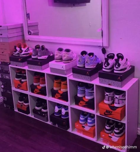 Shoe Set Up In Room, Shoe Collection Room, Dope Room Decor, Shoe Storage Room, Sneakerhead Bedroom, Moving Inspiration, Dope Rooms, Female Bedroom, Sneakerhead Room