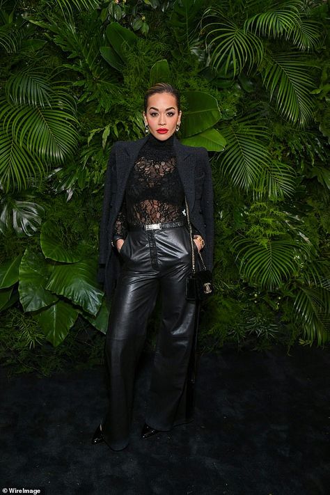 Sheer Black Pants Outfit, Black Leather Trousers Outfit Night, Lace And Leather Outfit, Lace Body Suit With Leather Pants, Lace Top Leather Pants Outfit, Black Lace Pants For Night Out, Black Lace Trousers Outfit, Leather And Lace Outfits, Black Lace Bodysuit Outfit