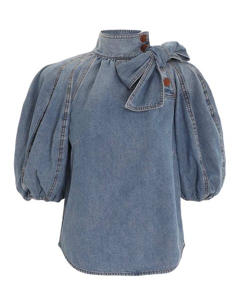 Tie Neck Blouse Poseidon Blue Online | Zimmermann Denim Blouse Women, Bg Color, Denim Top Women, Jeans Blouse, Bow Tie Blouse, Garment Care Labels, All Jeans, Blouse Jeans, Fitted Blouses