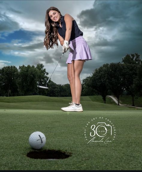 Senior Portraits Girl Golf, Golf Photoshoot Photo Ideas Women, Golf Poses Photo Ideas, Golf Picture Ideas, Golf Portraits, Golf Senior Pictures, Monkey Pics, High School Golf, Golf Photoshoot