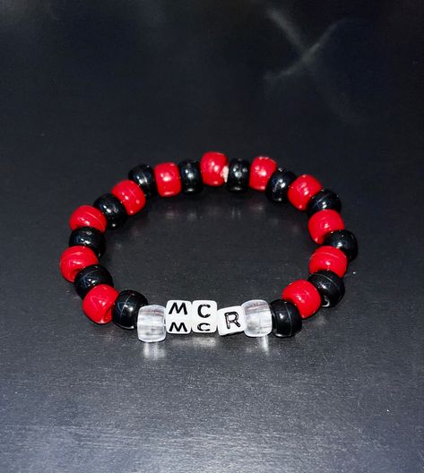 Red Kandi Bracelets, Mcr Kandi Bracelets, Emo Clay Bead Bracelets, Mcr Bracelet Ideas, My Chemical Romance Bracelet, Band Kandi Bracelets, Emo Friendship Bracelets, Band Kandi, Mcr Bracelet