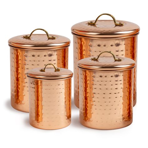 PRICES MAY VARY. This hand-crafted, food safe container features a hand-hammered Copper Plating Over Premium Grade Stainless Steel. Premium Quality copper is then lacquered with a clear gloss to prevent patinas, discoloration, and scratches on the metalwork. QUALITY CONSTRUCTION: Each nu steel canister is made of High quality, durable stainless steel, and premium great copper that is lightweight yet sturdy. Meticulously inspected, thick rubber seals ensure a hermetic seal that prevents food spoi Pantry Redo, Copper Canisters, Food Canisters, How To Polish Copper, Home Coffee Bar, Hobnail Vase, Kitchen Canister Set, Food Jar, Copper Kitchen