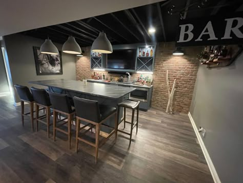 Basement Bar Table, Basement Sports Bar Ideas, Basement Bar Designs Layout, Industrial Basement Bar, Basement Layouts, Basement Vibes, Finished Basement Bars, Basement Sports Bar, Entertainment Lounge