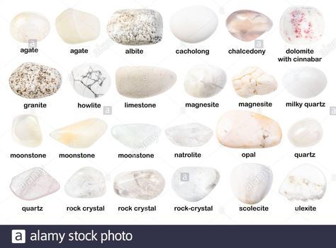 Crystal Collection Display, Crystal Types, White Gemstones, Crystal Seashells, Crystal Names, Types Of Crystals, Moonstone Crystal, White Moonstone, White Agate