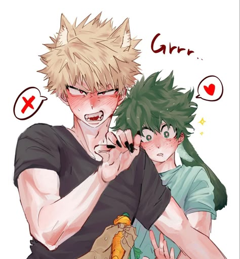 Cat Bakugo x Bunny Deku - my hero academia / mha bkdk Bakugo X Deku Omegaverse, Bkdk Fanart Wholesome, Deku As A Bunny, Wolf Bakugou X Bunny Deku, Bunny Deku X Wolf Kacchan, Bakugo X Deku Cute, Bunny Deku X Kacchan, Mha Bunny, Baku X Deku