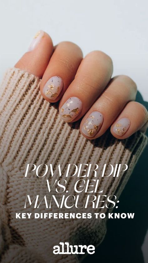 Short gel manicure with gold sparkles Dip Or Gel Nails, Types Of Gel Nails, Gel Or Acrylic Nails Difference, Different Types Of Acrylic Nails, Dip Vs Shellac Nails, Sns Dipping Powder Nails Natural Short, Dip Powder Designs For Short Nails, Different Manicure Types, Dip Powder Nail Inspiration