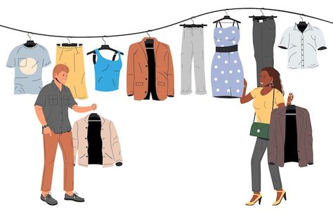 Woman and man near rack with clothes clo... | Premium Vector #Freepik #vector #background #sale #people #design Rack With Clothes, Clothe Shop, Fashion Model Sketch, Clothes Illustration, Today Cartoon, Damaged Clothes, Model Sketch, Wardrobe Clothes, Hanger Home