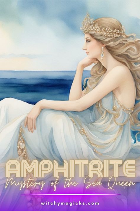 As the consort of Poseidon and Queen of the vast ocean, Amphitrite represents the serene yet formidable nature of the sea. In Greek mythology, her power lies in her control over the waves, embodying both tranquility and tempest.   #QueenOfTheSea #GreekMythology #OceanGoddess #PoseidonConsort #MysteryOfTheSea #AmphitriteLegends Greek Goddess Amphitrite, Greek Goddess Of Magic, Ethereal Core, Queen Of The Sea, Goddess Of Magic, Greek Goddesses, Sea Queen, Vast Ocean, Goddess Of The Sea