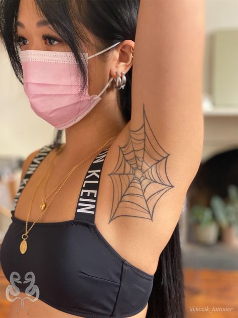 Spider web armpit tattoo blackwork fineline realistic @kozik_tattooer Spider Web Tattoo Under Armpit, Spider Armpit Tattoo, Spider Web Tattoo Armpit, Women Armpit Tattoo, Spider Web Tattoo Placement, Under Armpit Tattoo For Women, Armpit Spider Web Tattoo, Traditional Armpit Tattoo, Spiderweb Armpit Tattoo