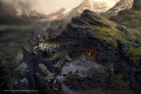 Northern Grasslands Desecrated Temple Area Bandit Camp, Age Of Conan, Video Game Developer, Fantasy Scenery, Computer Video, Game Developer, Fantasy Castle, Inspirational Artwork, Camping Art